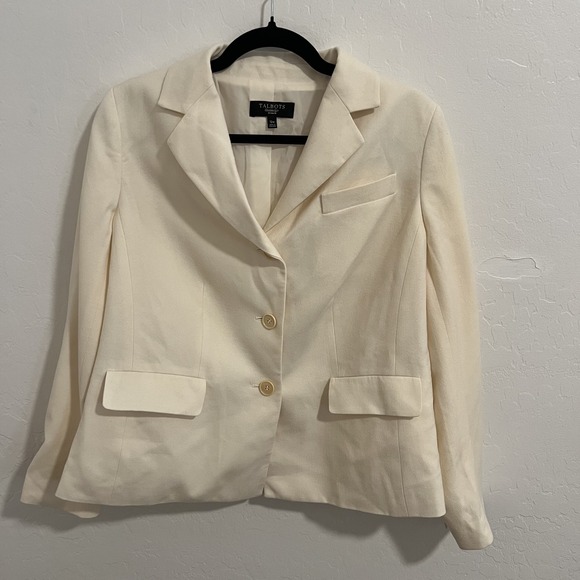 Talbots Blazer‎ Womens 12W Ivory Wool Blend Two Button Lined Suit Jacket Career - Picture 1 of 8